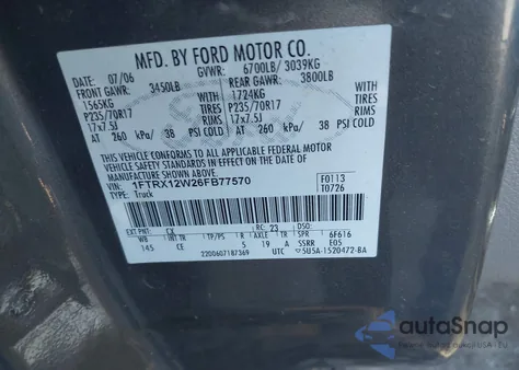 2006 Ford F-150 Stx/Xl/Xlt из США, поврежденный, VIN 1FTRX12W26FB77570